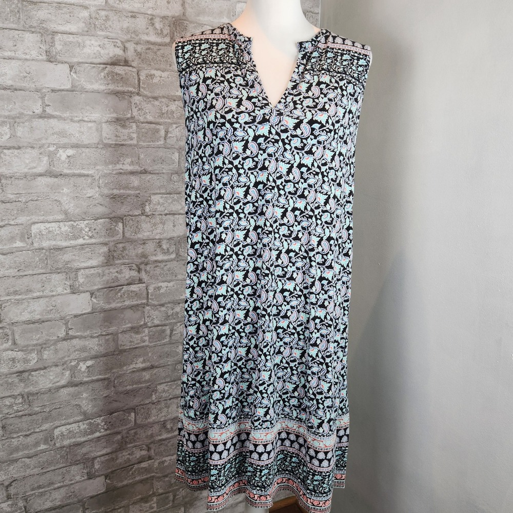 J. Jill Shift Dress Paisley Blue Black Rayon Stretch Boho Small